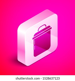 Isometric Cooking pot icon isolated on pink background. Boil or stew food symbol. Silver square button. Vector Illustration