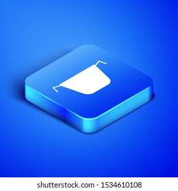 Isometric Cooking pot icon isolated on blue background. Boil or stew food symbol. Blue square button. Vector Illustration