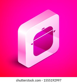 Isometric Cooking pot icon isolated on pink background. Boil or stew food symbol. Silver square button. Vector Illustration