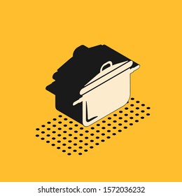 Isometric Cooking pot icon isolated on yellow background. Boil or stew food symbol.  Vector Illustration