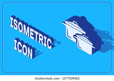 Isometric Cooking pot icon isolated on blue background. Boil or stew food symbol.  Vector Illustration
