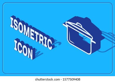 Isometric Cooking pot icon isolated on blue background. Boil or stew food symbol.  Vector Illustration