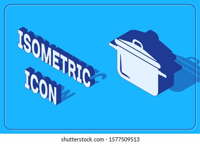Isometric Cooking pot icon isolated on blue background. Boil or stew food symbol.  Vector Illustration