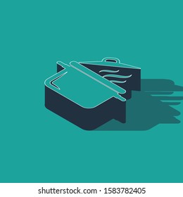 Isometric Cooking pot icon isolated on green background. Boil or stew food symbol.  Vector Illustration