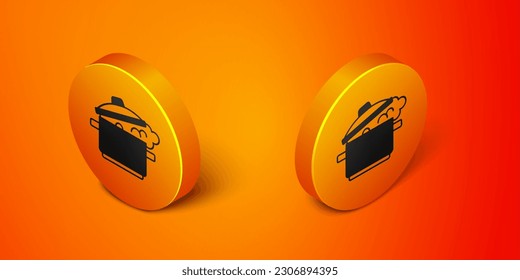 Isometric Cooking pot icon isolated on orange background. Boil or stew food symbol. Orange circle button. Vector