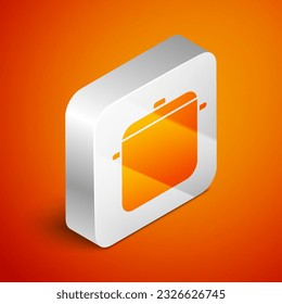 Isometric Cooking pot icon isolated on orange background. Boil or stew food symbol. Silver square button. Vector Illustration