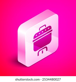 Isometric Cooking pot icon isolated on pink background. Boil or stew food symbol. Silver square button. Vector