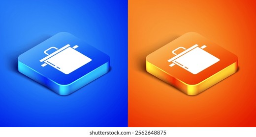 Isometric Cooking pot icon isolated on blue and orange background. Boil or stew food symbol. Square button. Vector