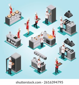 Isometric cooking process elements set with professional cooks preparing different dishes and working in restaurant isolated