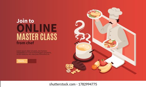 Isometric cooking school blog horizontal banner with character of cook on computer screen with editable text vector illustration