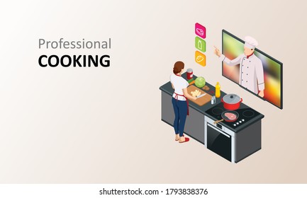 Isometric cooking school blog. Woman chef cooking while streaming online for webinar masterclass lesson at home