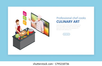 Isometric cooking school blog. Woman chef cooking while streaming online for webinar masterclass lesson at home