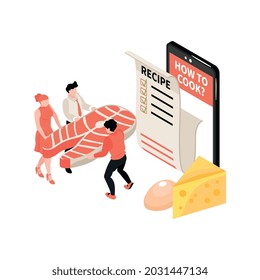 Composición isométrica de la escuela de cocina con ingredientes de recetas para smartphones e ilustración vectorial de personajes humanos