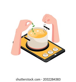 Isometric cooking school concept icon with gadget and saucepan of soup 3d vector illustration