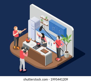 Isometric cooking show background producer controls the process of filming video recipe over loudspeaker vector illustration