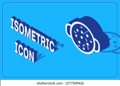 Isometric Cooking soup in pot icon isolated on blue background. Boil or stew food symbol.  Vector Illustration