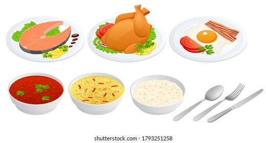 Isometric cooking stewed fish, fried chicken, eggs with bacon, soup, porridge, oatmeal. Cooking at home, searching recipes