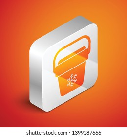 Isometric Cooler bag icon isolated on orange background. Portable freezer bag. Handheld refrigerator. Silver square button. Vector Illustration