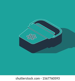 Isometric Cooler bag icon isolated on green background. Portable freezer bag. Handheld refrigerator.  Vector Illustration