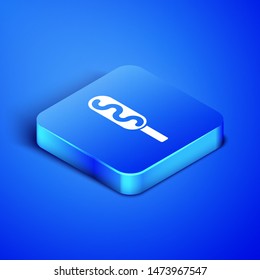 Isometric Corn dog icon isolated on blue background. Traditional american fast food. Blue square button. Vector Illustration