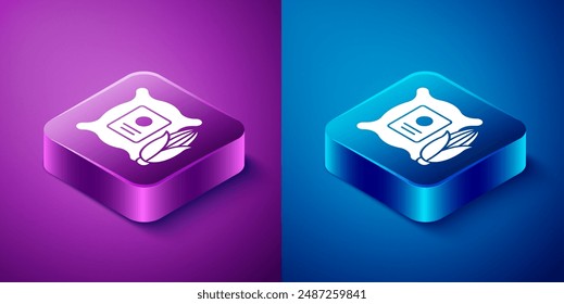 Isometric Corn in the sack icon isolated on blue and purple background. Corn in a canvas bag. Farmers market. Square button. Vector Illustration