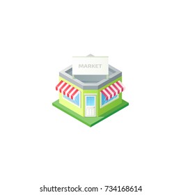 Isometric corner Market building. Flat store icon. Concept Shopping. Vector Illustration.