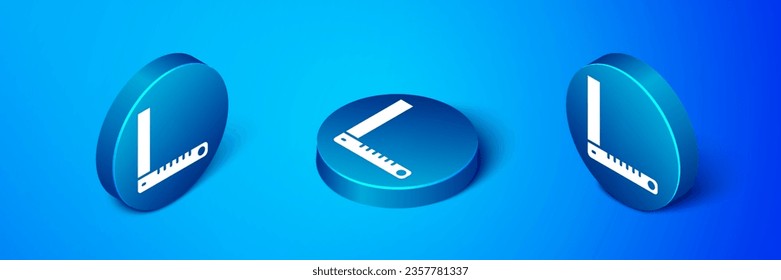 Isometric Corner ruler icon isolated on blue background. Setsquare, angle ruler, carpentry, measuring utensil, scale. Blue circle button. Vector