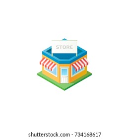 Isometric Corner Store Building. Flat Store Icon. Concept Shopping. Vector Illustration.