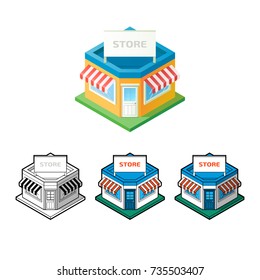 Isometric corner Store building set. Color and outline version. Flat store icon. Concept Shopping. Vector Illustration.