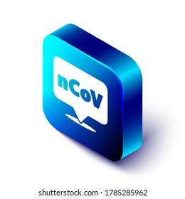 Isometric Corona virus 2019-nCoV on location icon isolated on white background. Bacteria and germs, cell cancer, microbe, fungi. Blue square button. Vector Illustration