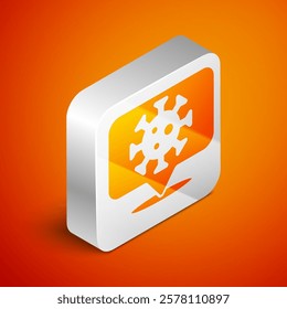 Isometric Corona virus 2019-nCoV on location icon isolated on orange background. Bacteria and germs, cell cancer, microbe, fungi. Silver square button. Vector