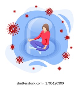 Isometric Corona virus self-quarantine concept. Isolation period at home. Self-isolation, Staying home with self quarantine. Home quarantine from Covid-19.