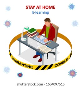 Isometric Corona virus - staying and working at home. Online education. The concept of learning. Getting an education.