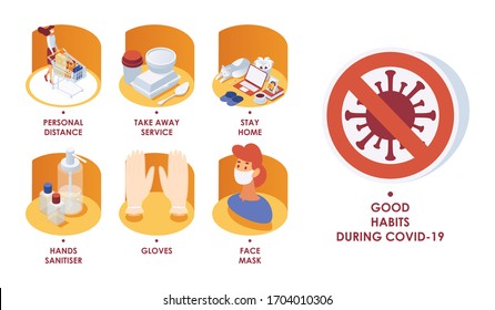 Isometric Coronavirus Protection Infographic. Rules Of Conduct And Good Habits During Pandemic Self Isolation And Quarantine