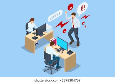 Isometric Corporate Problems, Female Rights and Bullying Problem At Workplace. Businessman bullying a sad colleague that is sitting in her workplace at the office