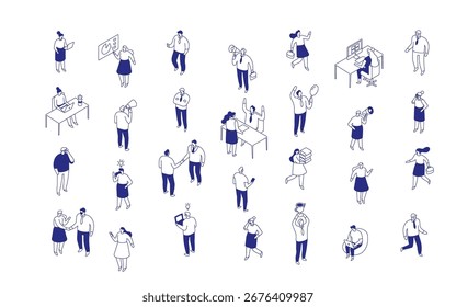 Isometric corporate vector set with workers at desks, presentations, brainstorming, and teamwork. Modern flat line illustrations for workplace, startup, and office projects.