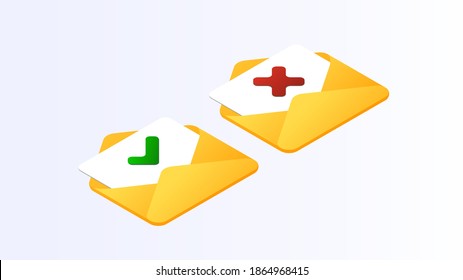 Isometric correct, incorrect sign. Isometric right and wrong mark icon set. Green tick and red cross flat symbol. Check ok, YES, no, X marks for vote, decision, web. True, false checkbox. Verify sign.