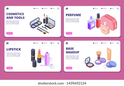 Isometric cosmetics banners vector template. Landing pages for cosmetics and perfume store. Illustration of beauty makeup, brush eyeshadow and accessory make-up