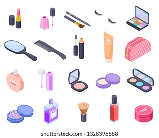 Isometric cosmetics. Cosmetic product bottle eyeshadow brush blush powder mascara makeup perfume pack balm. Beauty 3d vector isolated