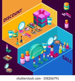 Isometric cosmetics design composition for sale with makeup products and gift box vector illustration