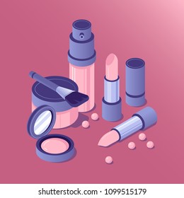 Isometric Cosmetics. Makeup Instruments: Blush, Lipstick, Foundation, And Eye Shadow Vector Illustration Set