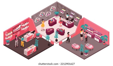 Isometric cosmetics store interior with female shop assistants helping customers choose products 3d vector illustration