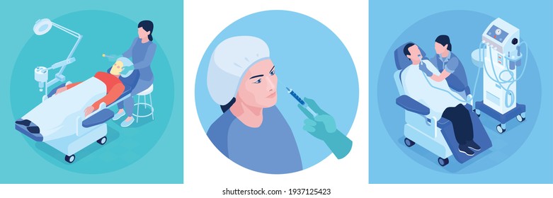 Isometric cosmetology and cosmetological procedures of peeling injection and microdermabrasion design concept isolated vector illustration