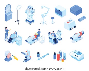 Isometric cosmetology set with professional equipment and cosmetological procedures isolated icons 3d vector illustration