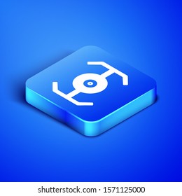 Isometric Cosmic ship icon isolated on blue background. Blue square button. Vector Illustration