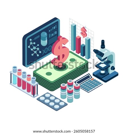 Isometric Cost of Drug Development with Lab Equipment and Charts Representing Medical Research Investment. Cost of Drug Development and Medical Research Investment Concept