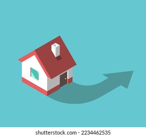 Isometric cottage with arrow. Moving house, emigration, loss of home, homeless, refugees, relocation, sale and outdoors concept. Flat design. EPS 8 vector illustration, no transparency, no gradients