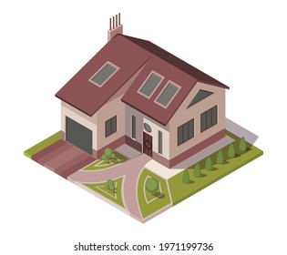 Isometric cottage. Building of private real estate for infographics or game design. Home with area and elements of the landscape design. Infographic element representing suburban building