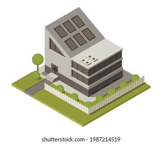 Isometric cottage. Building of private real estate for infographics or game design. Home with area and elements of the landscape design. Infographic element representing suburban building