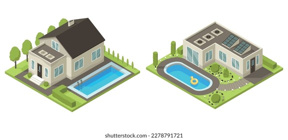 Isometrisches Cottage Icon Set. Suburbenhauszusammensetzung mit Schwimmbad und Rasen, Vektorgrafik. Infografik-Element für Vorstadtbau. Private Immobilienunternehmen